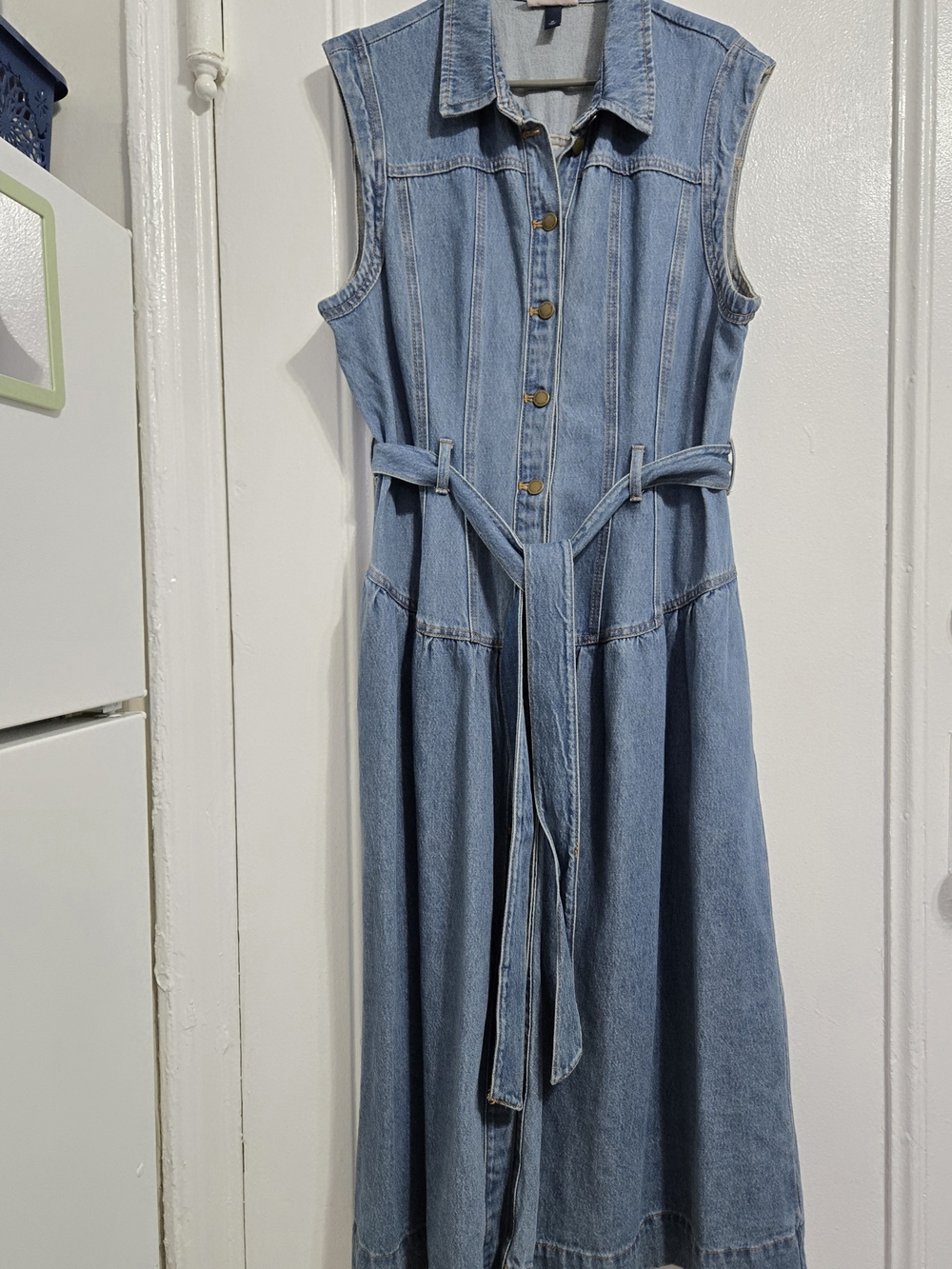 Sleeveless Denim Shirt Dress with Waist Tie - Light Blue